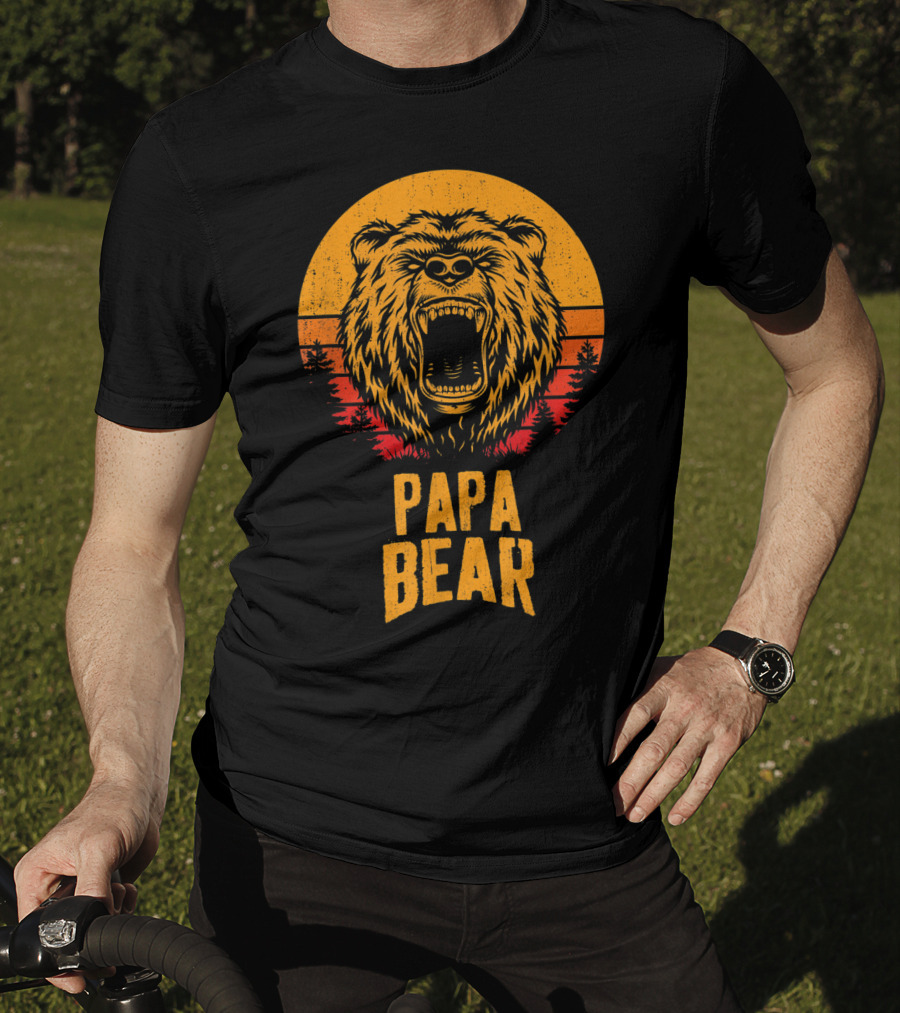Papa Bear Father's Day Sunset Roaring Bear Forest Scene T-Shirt