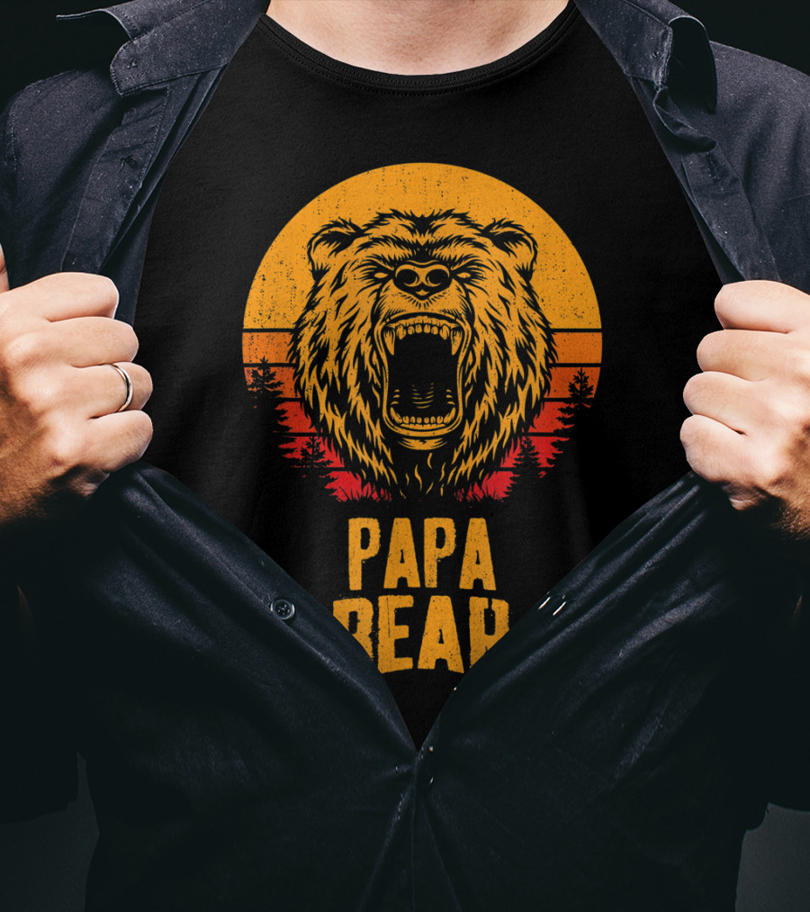 Papa Bear Father's Day Sunset Roaring Bear Forest Scene T-Shirt