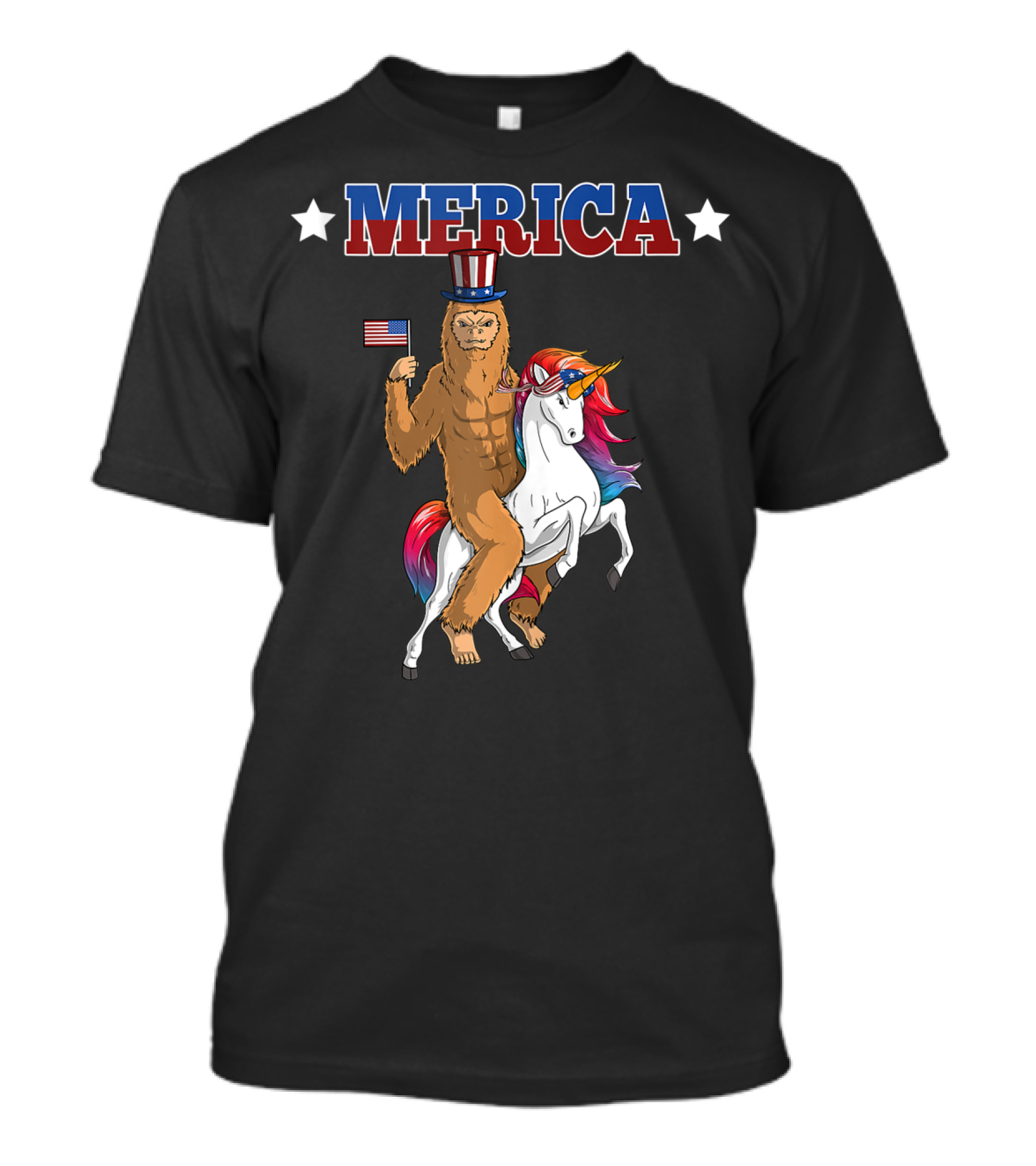 MERICA Bigfoot Riding A Patriotic Unicorn With American Flag T-Shirt