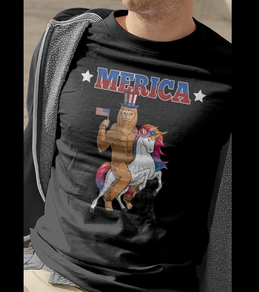 MERICA Bigfoot Riding A Patriotic Unicorn With American Flag T-Shirt