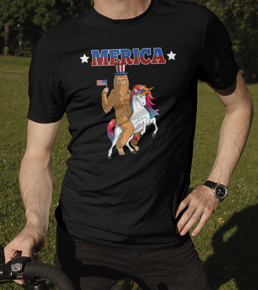 MERICA Bigfoot Riding A Patriotic Unicorn With American Flag T-Shirt