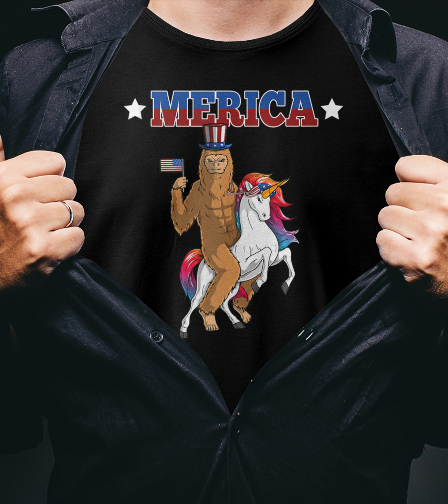 MERICA Bigfoot Riding A Patriotic Unicorn With American Flag T-Shirt