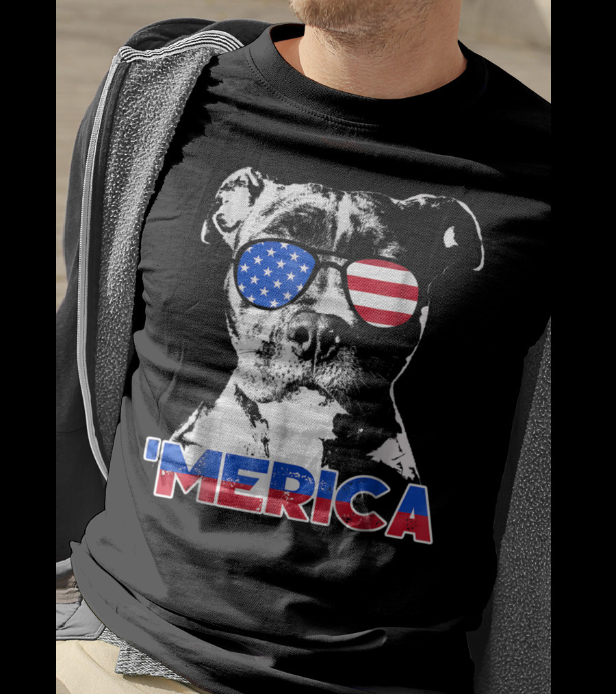Patriot Pitbull 'Merica With American Flag Sunglasses T-Shirt