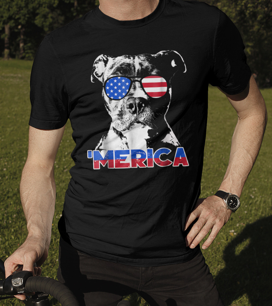 Patriot Pitbull 'Merica With American Flag Sunglasses T-Shirt