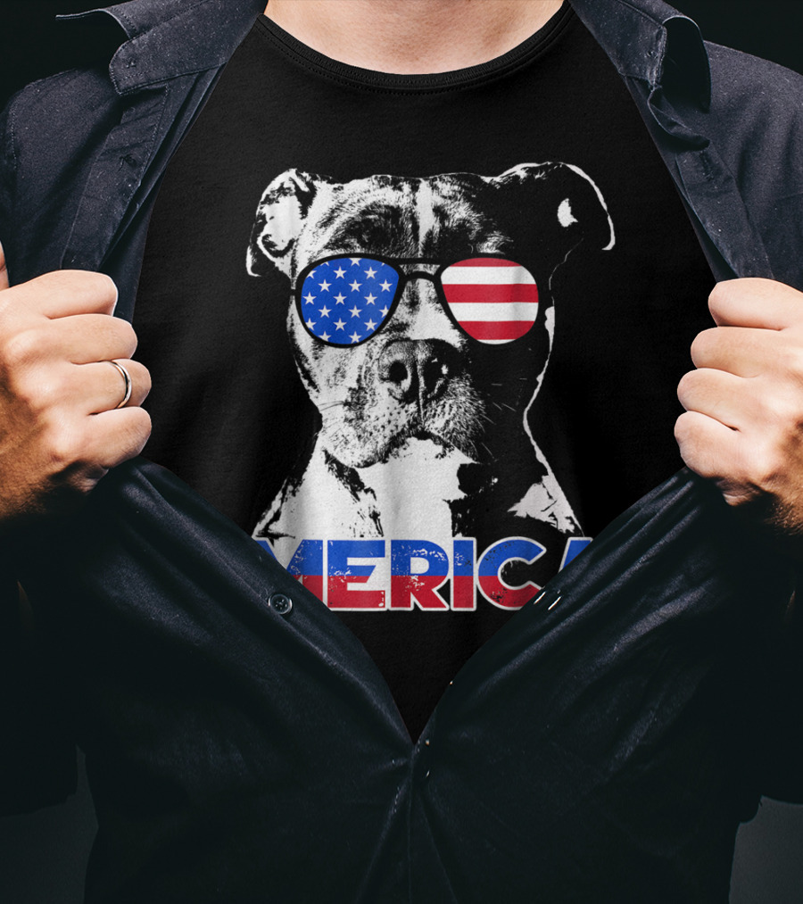 Patriot Pitbull 'Merica With American Flag Sunglasses T-Shirt