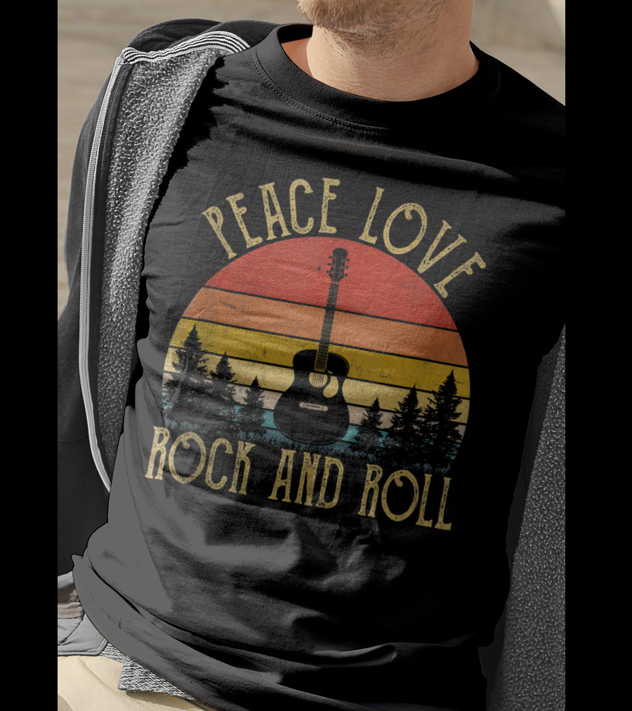Peace Love Rock And Roll Retro Guitar Sunset Forest Vintage T-Shirt