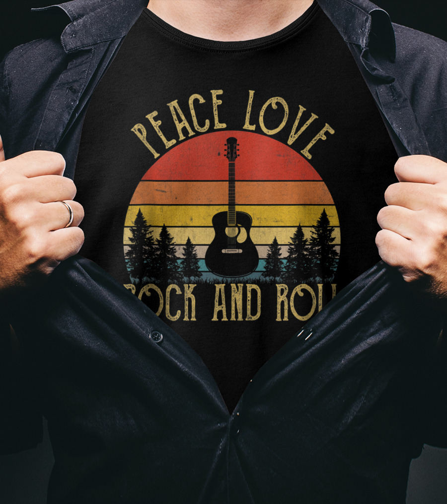 Peace Love Rock And Roll Retro Guitar Sunset Forest Vintage T-Shirt