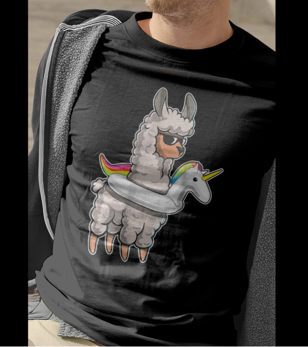 Pool Party Llama With Unicorn Float Funny Llama T-Shirt