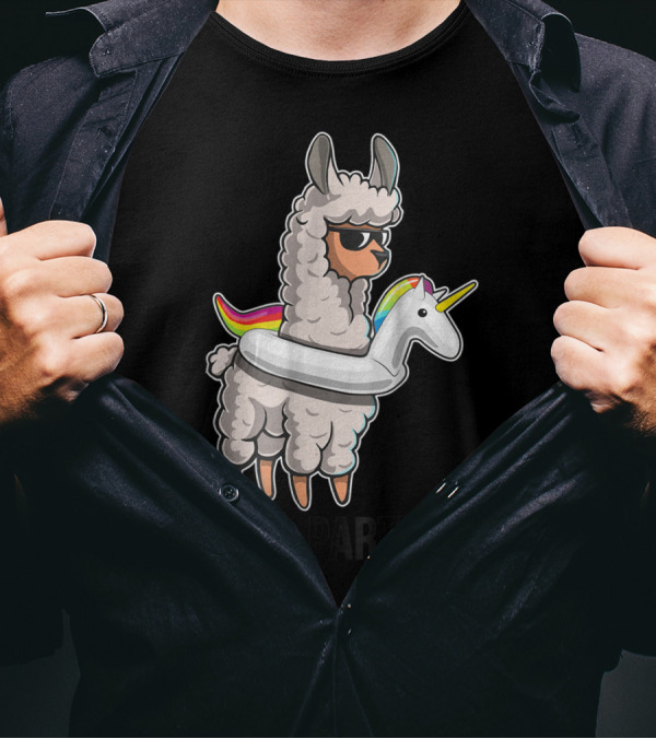 Pool Party Llama With Unicorn Float Funny Llama T-Shirt