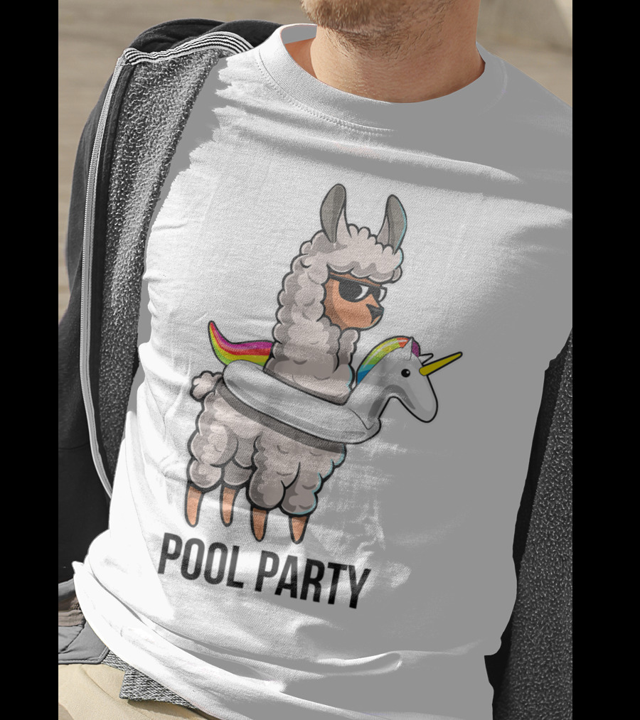 Pool Party Llama With Unicorn Float Funny Llama T-Shirt