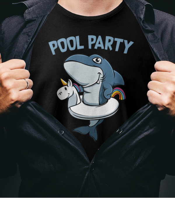 Pool Party Shark With Unicorn Float Rainbow Funny Summer Beach T-Shirt