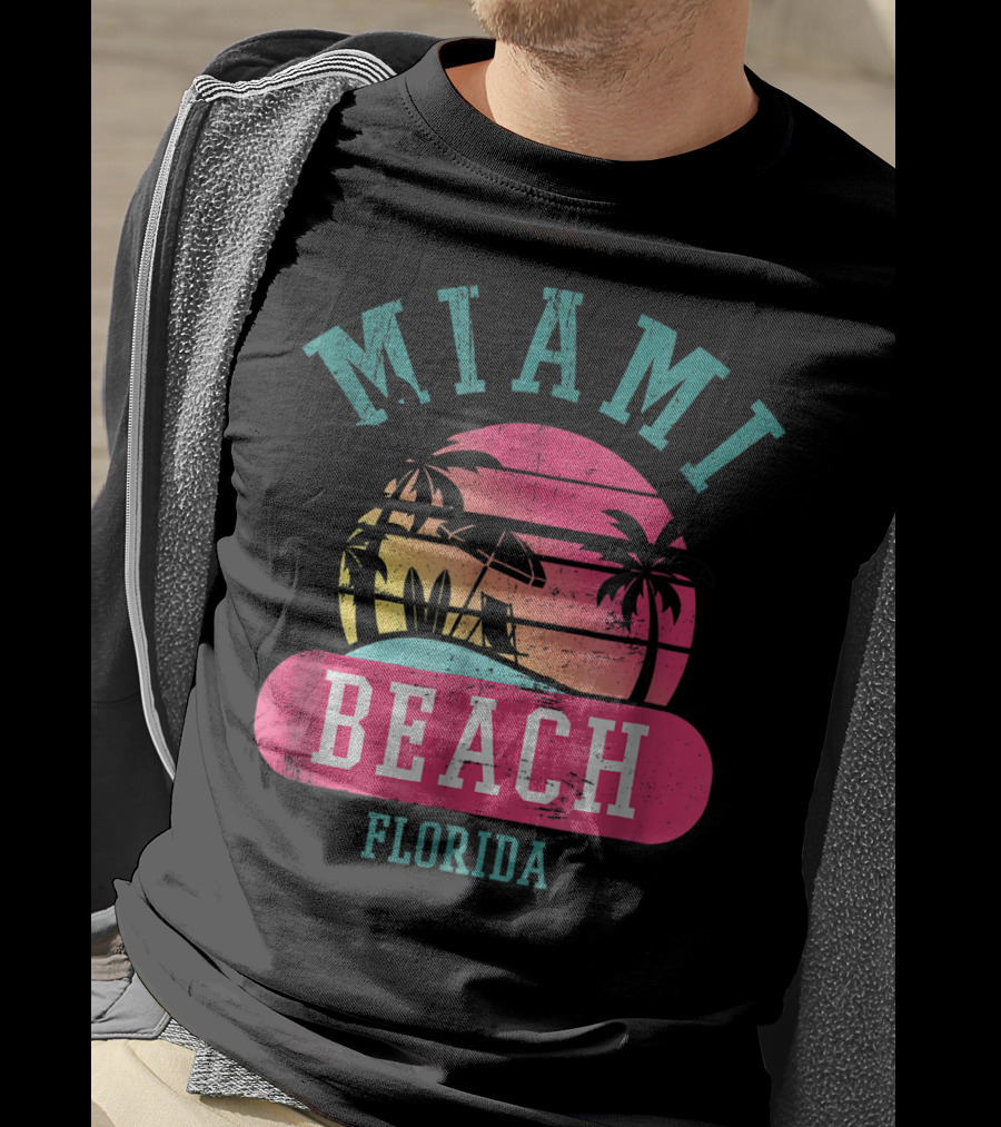 Miami Beach Florida Retro Cool Sun And Palm Trees T-Shirt