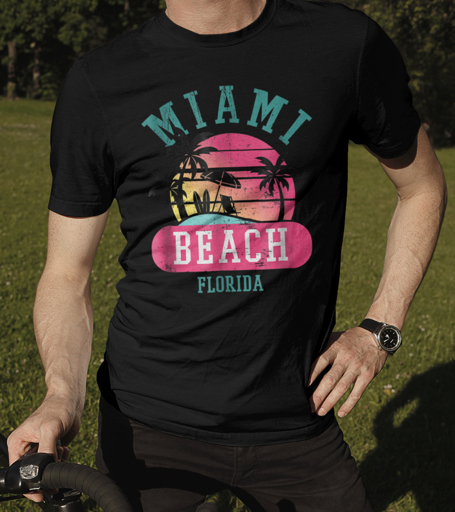 Miami Beach Florida Retro Cool Sun And Palm Trees T-Shirt