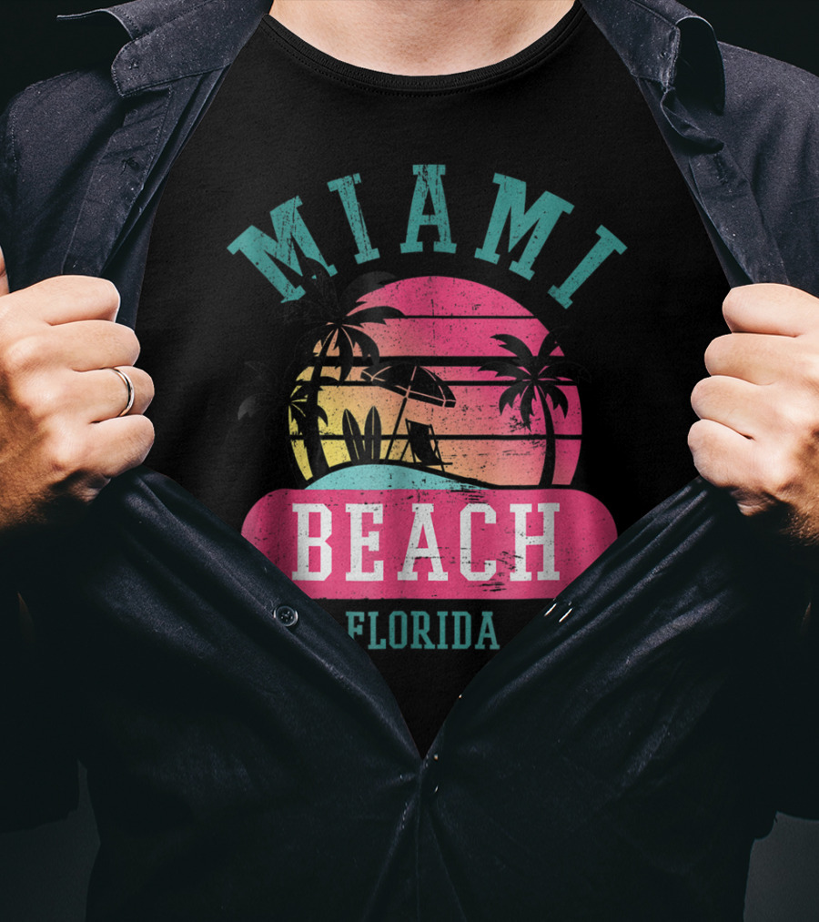 Miami Beach Florida Retro Cool Sun And Palm Trees T-Shirt