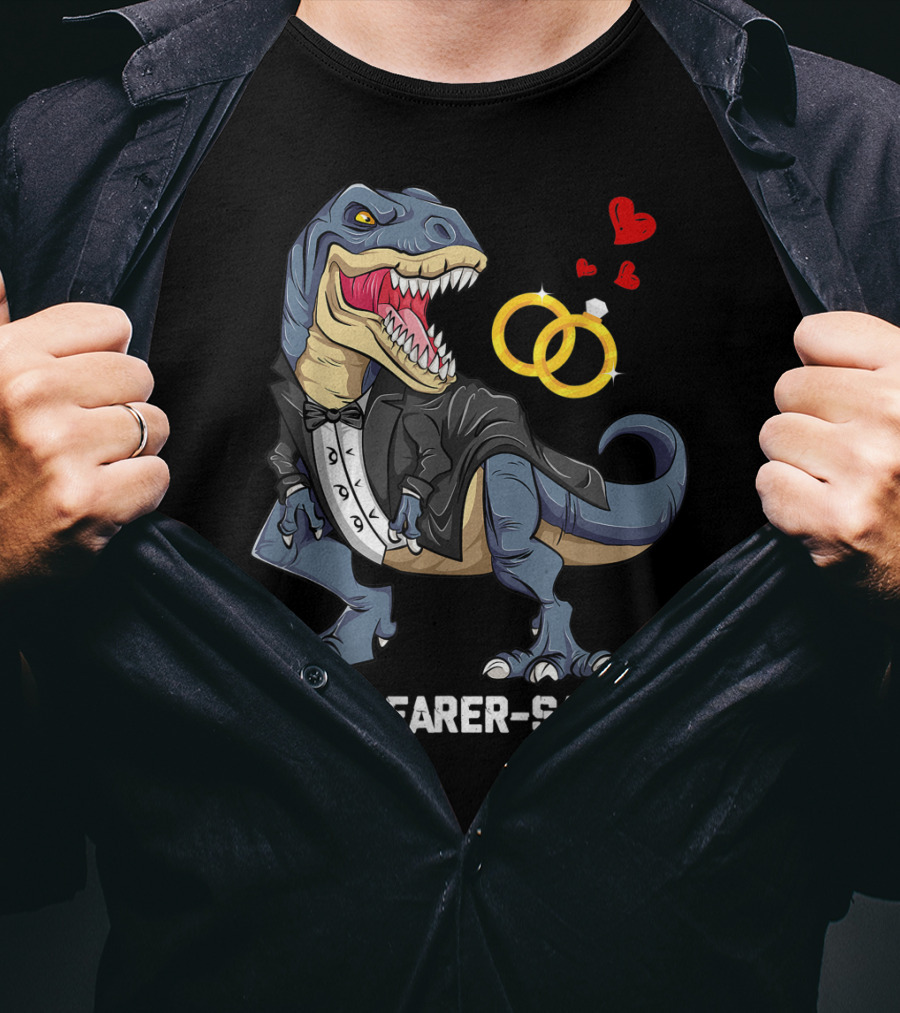 Rex Dinosaur Ring Bearer Saurus In Tuxedo With Wedding Rings And Hearts T-Shirt