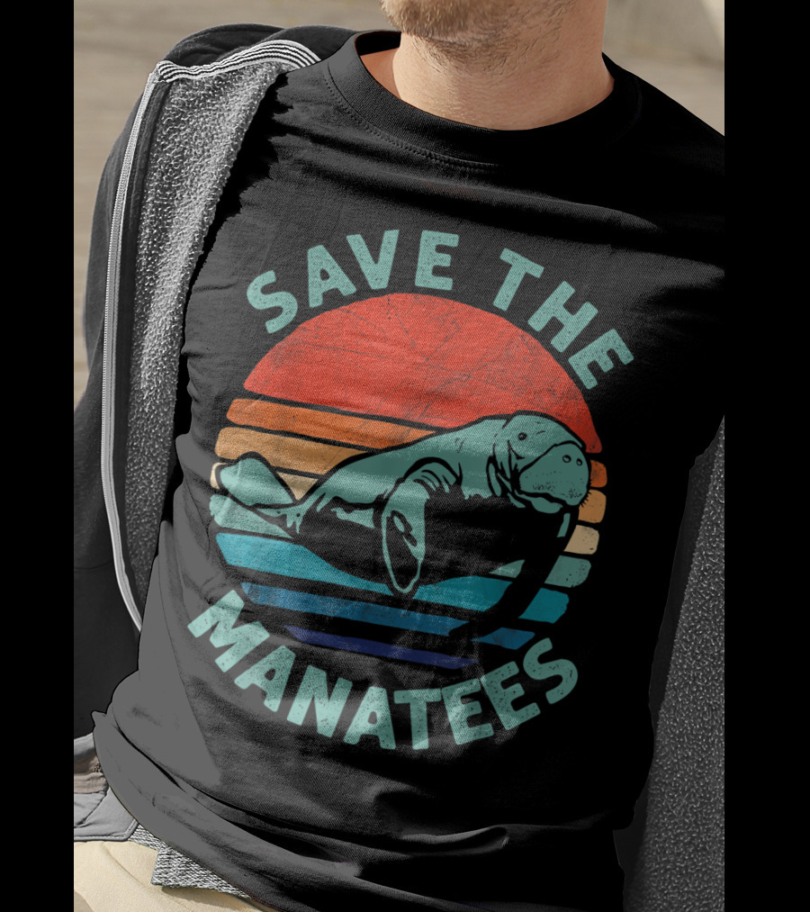 Save The Manatees Retro Stripes Sunset T-Shirt