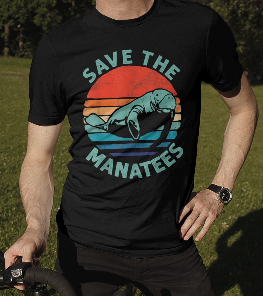 Save The Manatees Retro Stripes Sunset T-Shirt