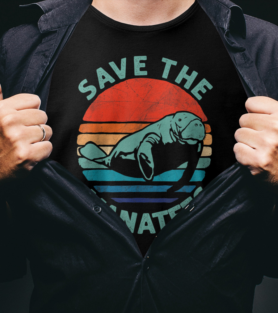 Save The Manatees Retro Stripes Sunset T-Shirt