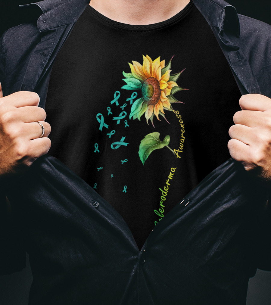 Scleroderma Awareness Sunflower With Teal Ribbons T-Shirt