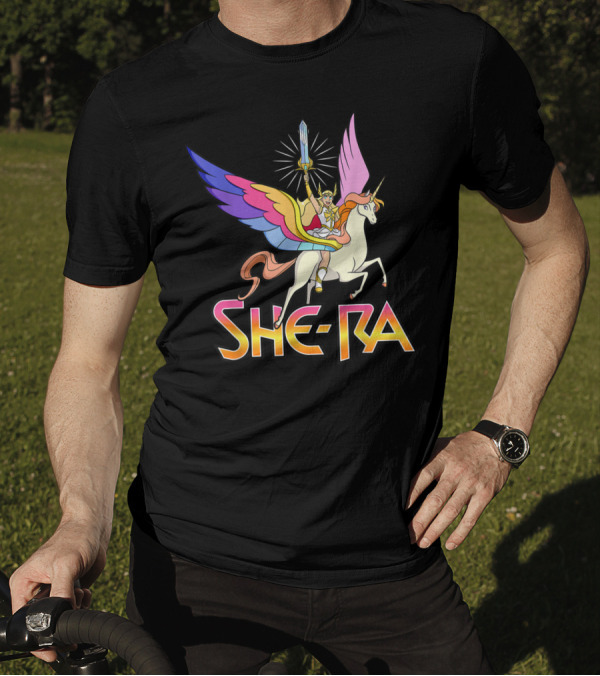 She Ra Riding A Winged Unicorn Holding Sword Of Protection T-Shirt
