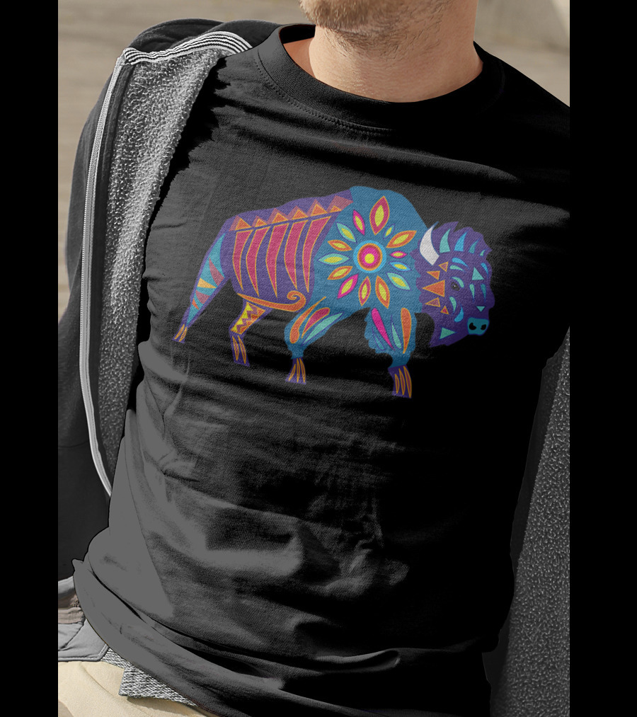 Vibrant Sunflower Buffalo In Colorful Geometric T-Shirt