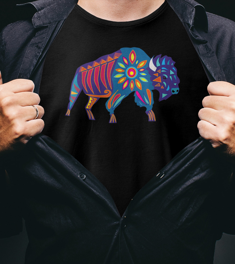 Vibrant Sunflower Buffalo In Colorful Geometric T-Shirt