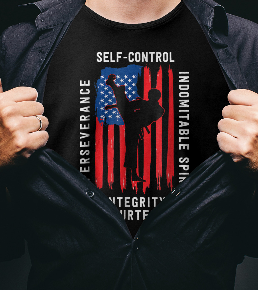 Taekwondo USA Flag Perseverance Courtesy Integrity Self-Control Indomitable Spirit T-Shirt