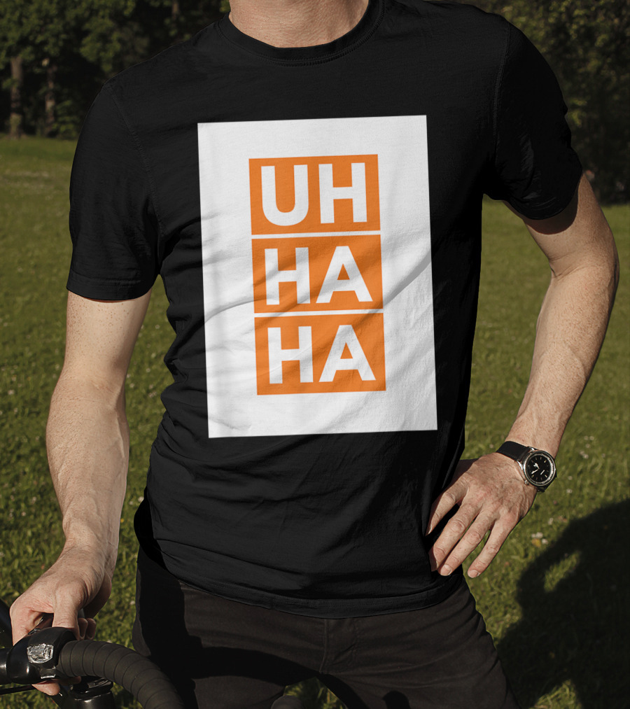 UH HA HA Bold White Letters On Orange Blocks T-Shirt