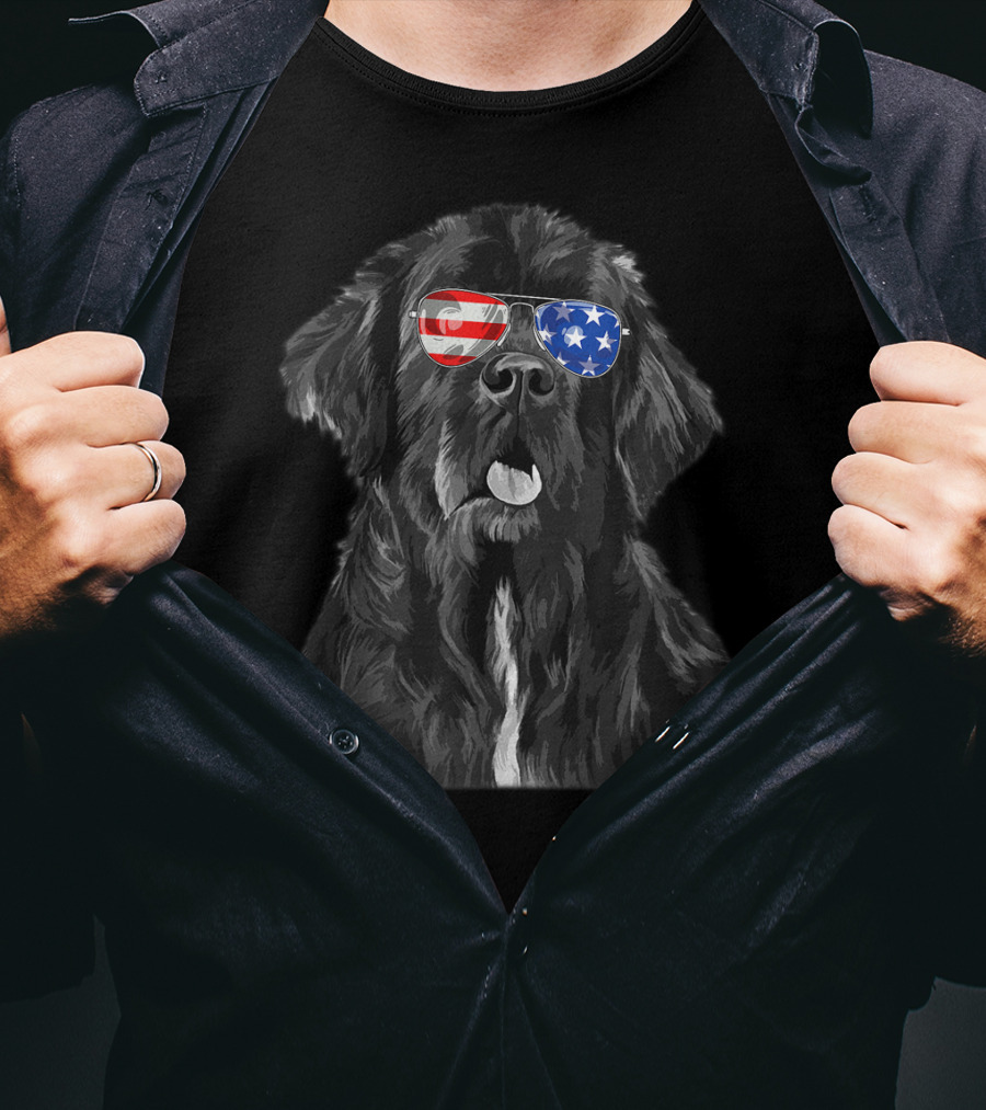 Vintage Newfoundland Dog With American Flag Glasses T-Shirt