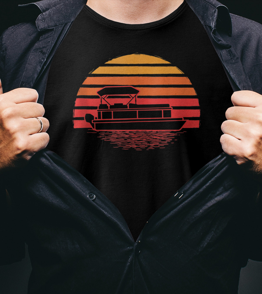 Vintage Sunset Pontoon Boat Silhouette Funny Boating T-Shirt