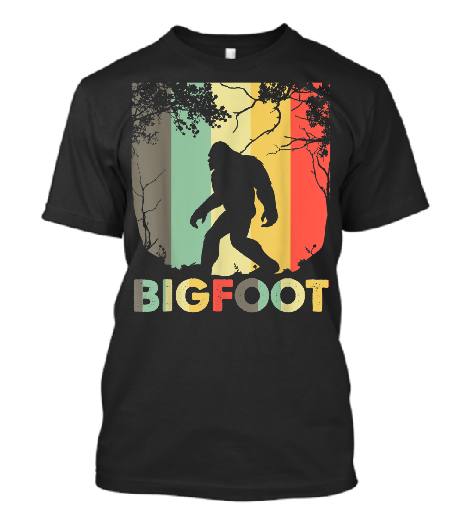Bigfoot Silhouette Retro Forest Stripes T-Shirt