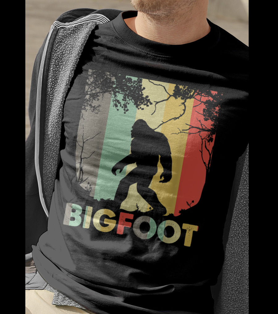 Bigfoot Silhouette Retro Forest Stripes T-Shirt