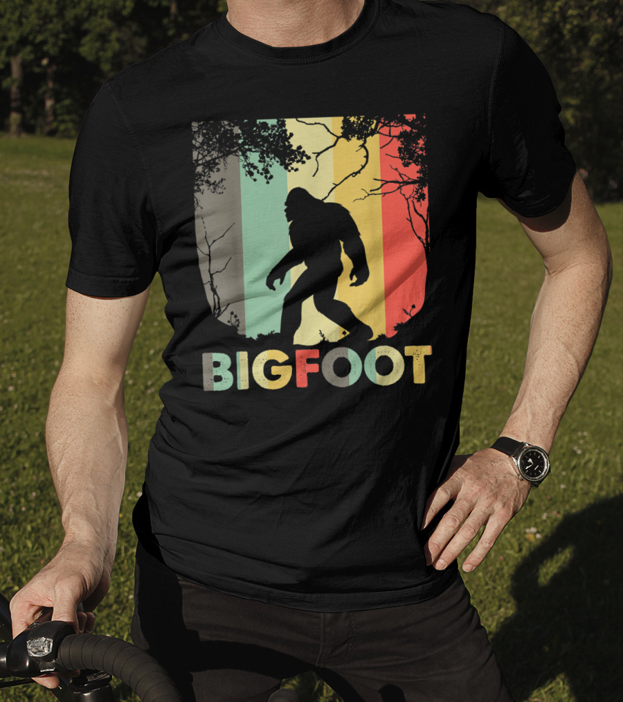 Bigfoot Silhouette Retro Forest Stripes T-Shirt