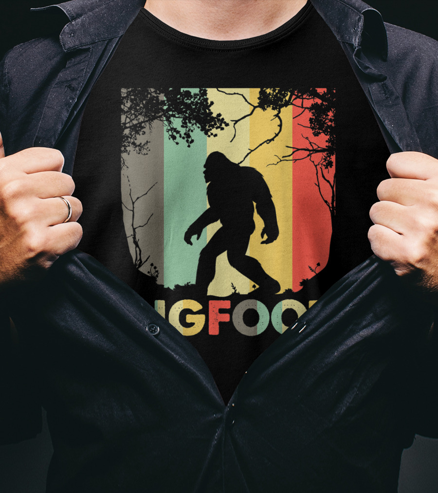 Bigfoot Silhouette Retro Forest Stripes T-Shirt
