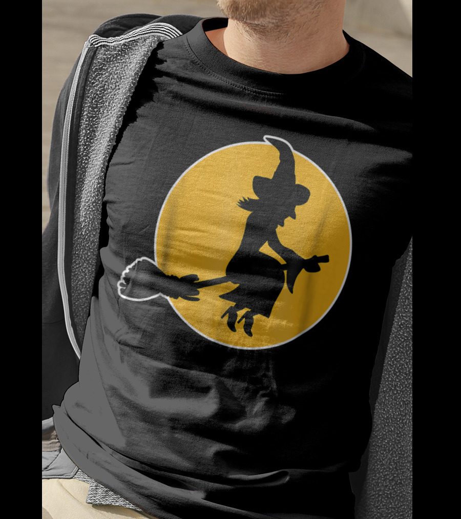 Witch Silhouette Flying Over Yellow Moon T-Shirt