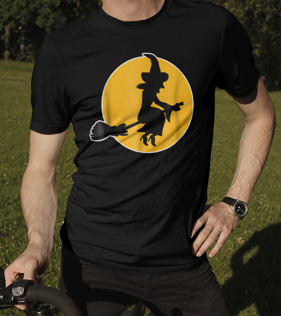 Witch Silhouette Flying Over Yellow Moon T-Shirt