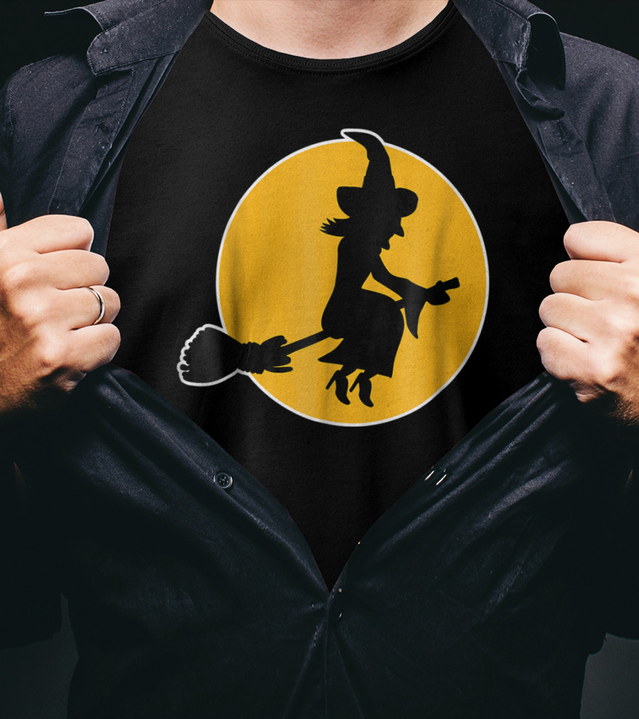 Witch Silhouette Flying Over Yellow Moon T-Shirt