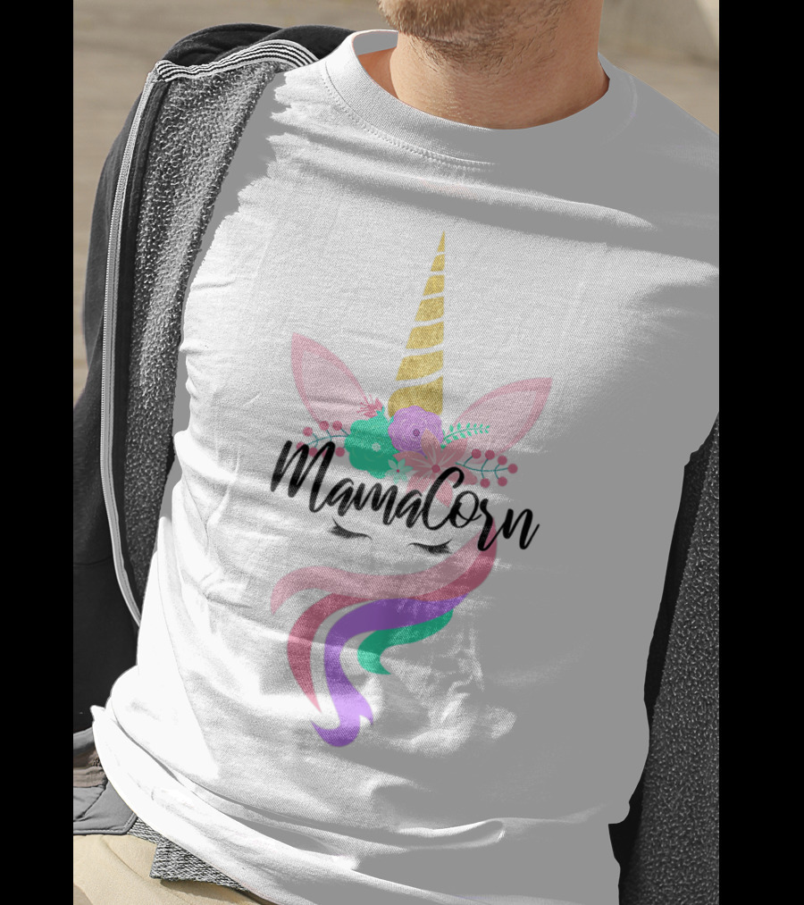 Mamacorn Cute Unicorn Gold Horn Floral Ears Rainbow Mane T-Shirt