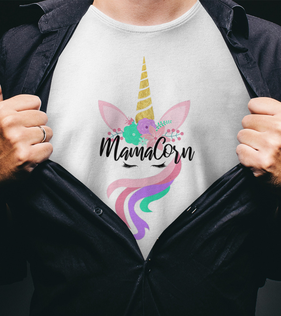 Mamacorn Cute Unicorn Gold Horn Floral Ears Rainbow Mane T-Shirt