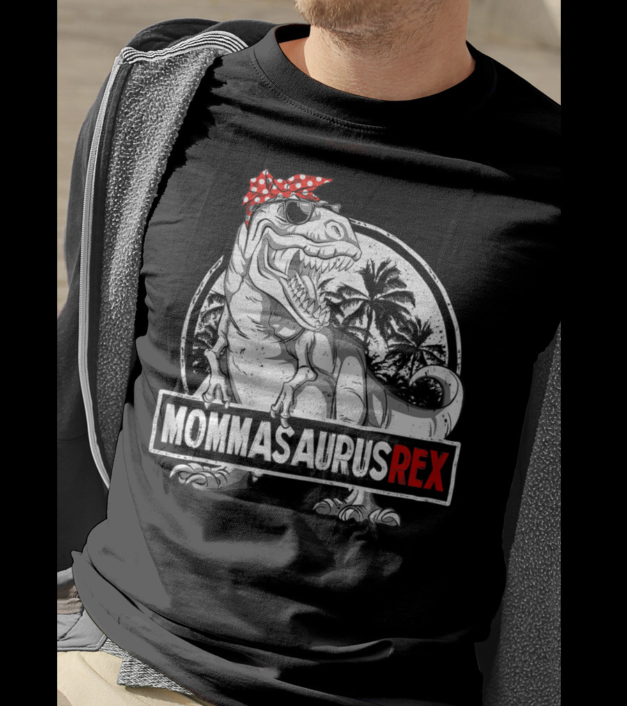 Mommasaurus Rex Dinosaur With Red Bandana And Palm Trees T-Shirt