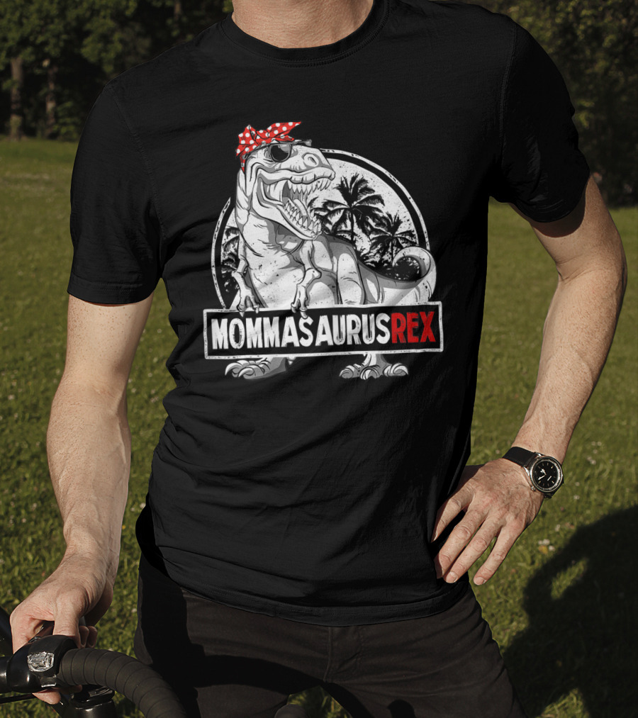 Mommasaurus Rex Dinosaur With Red Bandana And Palm Trees T-Shirt