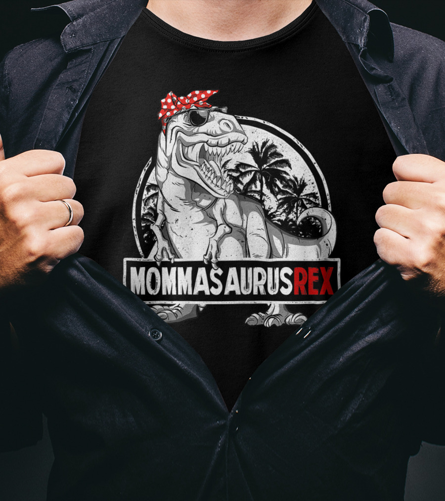 Mommasaurus Rex Dinosaur With Red Bandana And Palm Trees T-Shirt