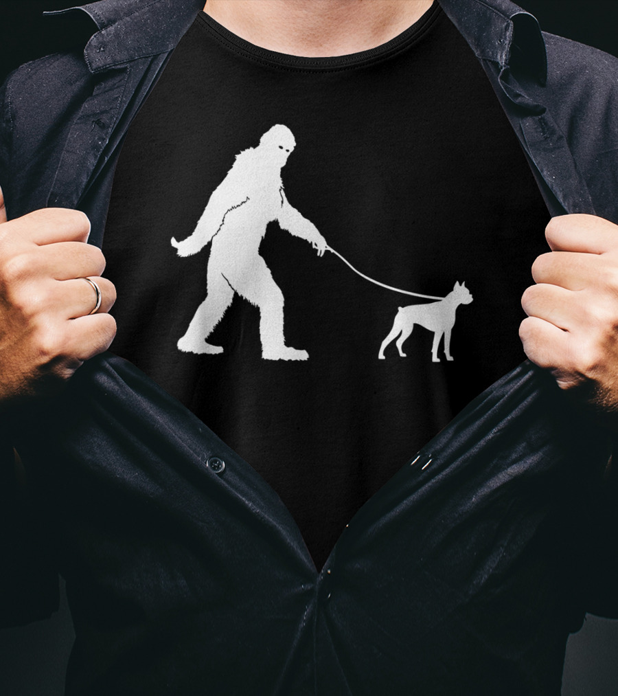 Bigfoot Sasquatch Walking Boxer Dog Lovers T-Shirt