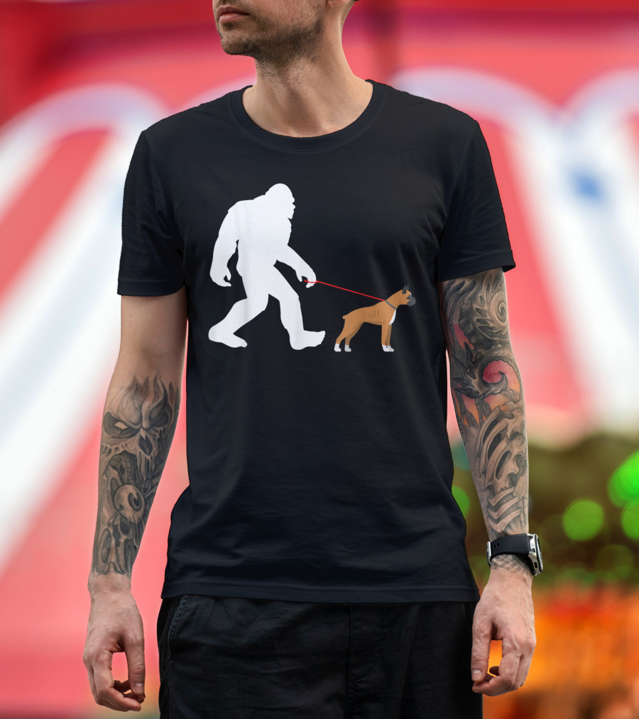 Bigfoot Sasquatch Walking Boxer Dog Novelty T-Shirt