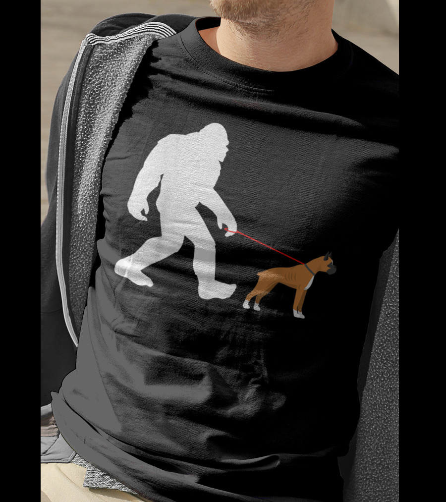 Bigfoot Sasquatch Walking Boxer Dog Novelty T-Shirt