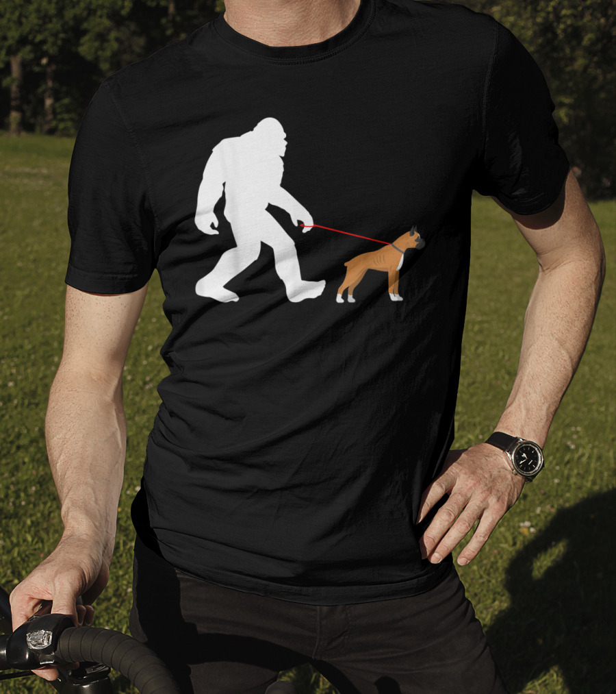 Bigfoot Sasquatch Walking Boxer Dog Novelty T-Shirt