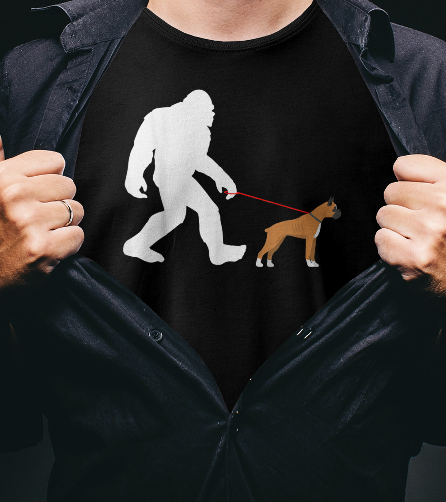 Bigfoot Sasquatch Walking Boxer Dog Novelty T-Shirt