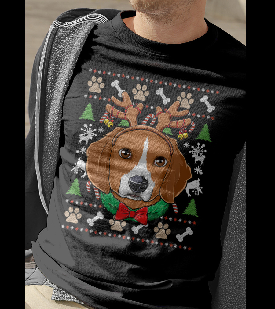 Beagle Reindeer Antlers Ugly Christmas Sweater Paw Prints T-Shirt