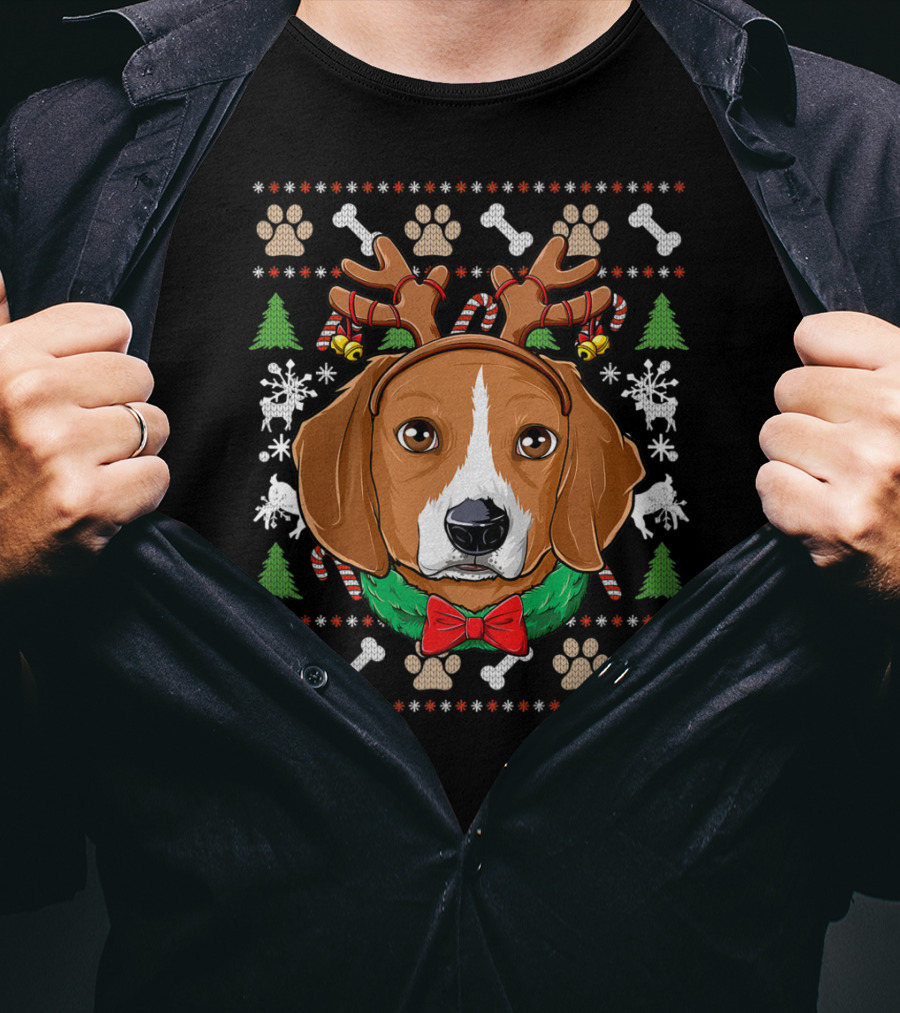 Beagle Reindeer Antlers Ugly Christmas Sweater Paw Prints T-Shirt