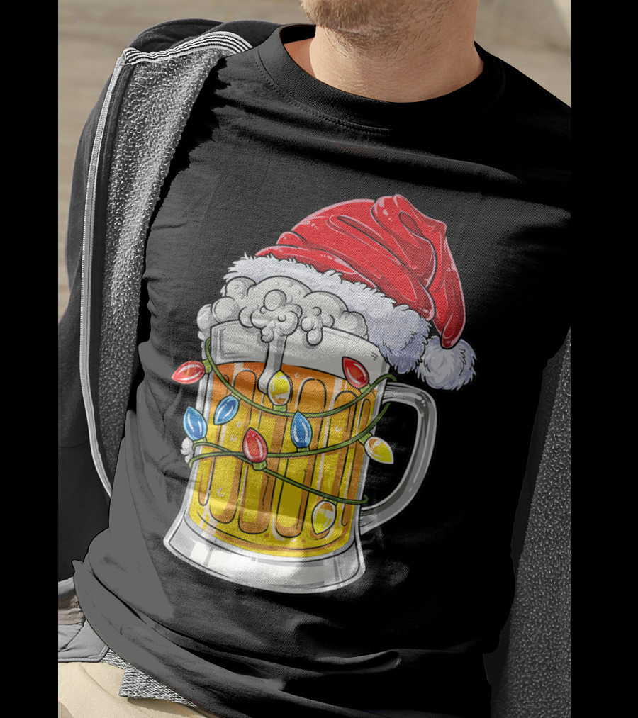 Beer Santa Hat Christmas Lights Holiday Cheer T-Shirt